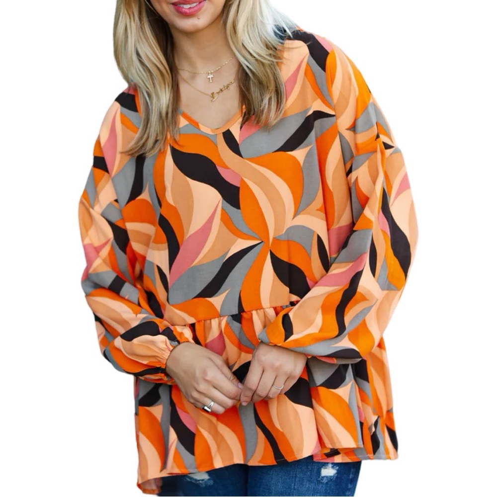 NEW HAPTICS RUST ABSTRACT PRINT V NECK PEPLUM TOP - Picture 4 of 10